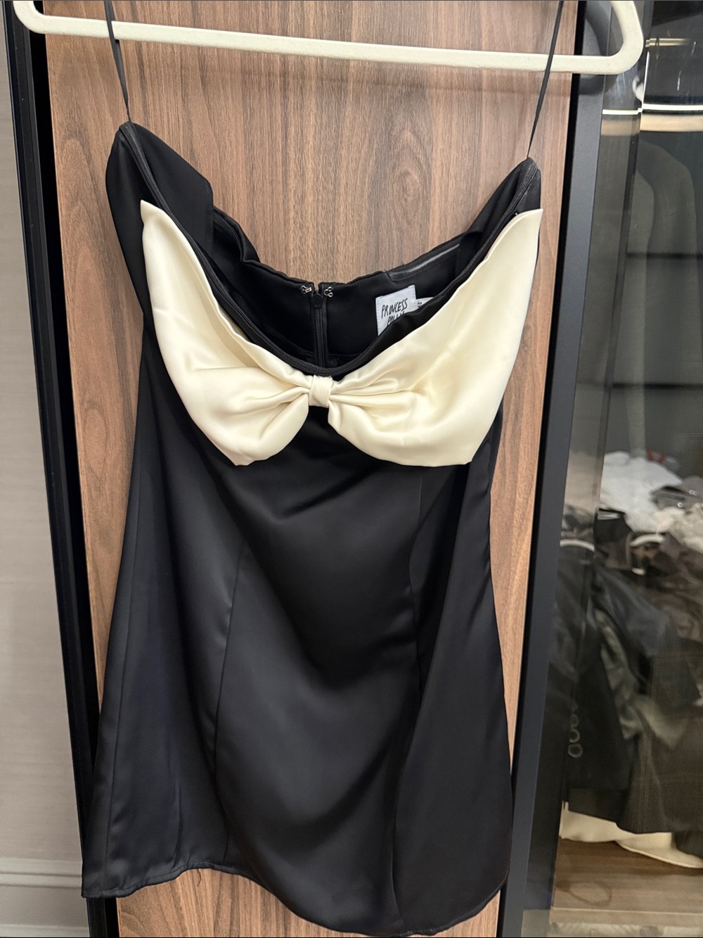 Princess Polly Black Satin Mini Dress with Ivory Bow **taken in to fit like 4/6